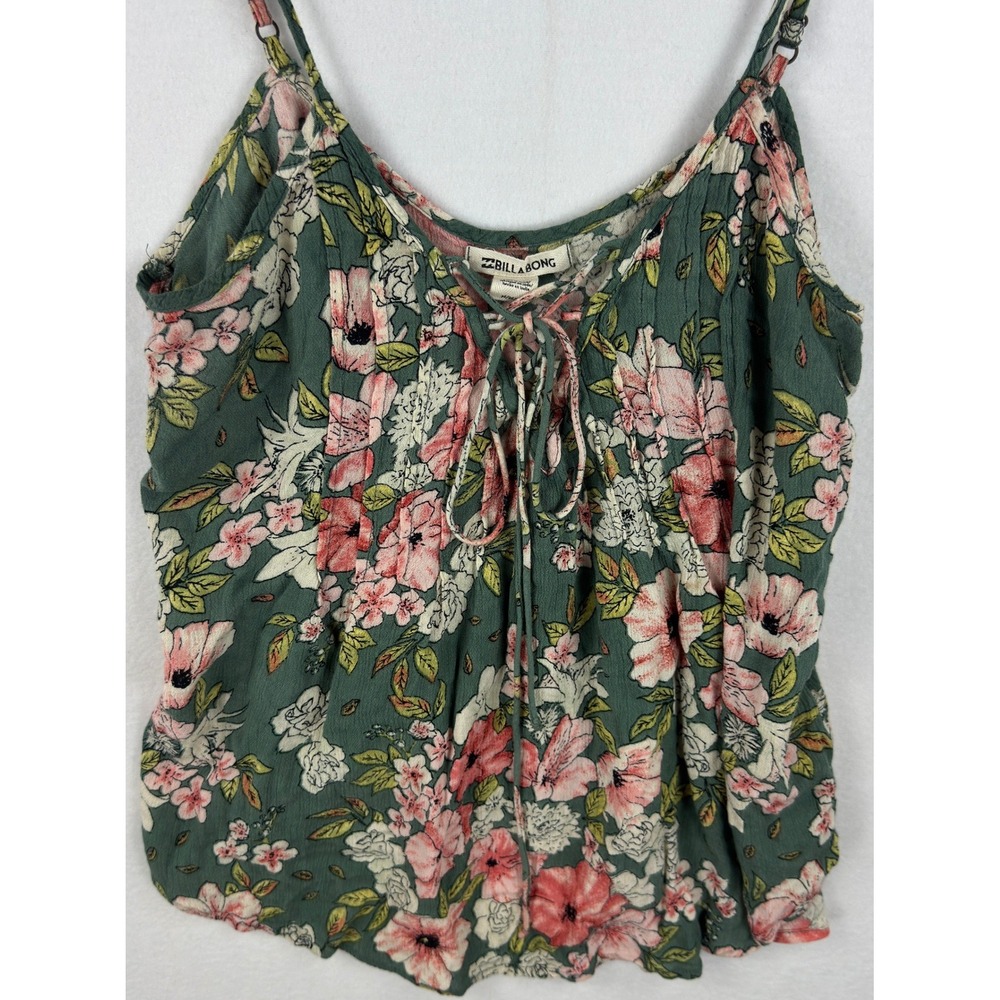 Billabong Floral Lace Up Cami Top Womens Medium Green Boho Sleeveless